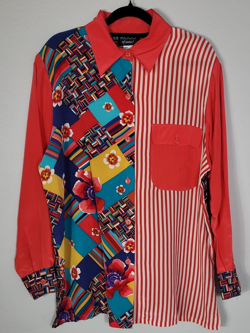Vintage Koos of Course Silk Button Up Shirt Size Medium Wearable Art Dopamine